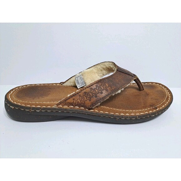 UGG Men's Size 10 Brown Sherpa Lined Leather Flip Flops Sandals Sheepskin Tooled - Picture 5 of 11